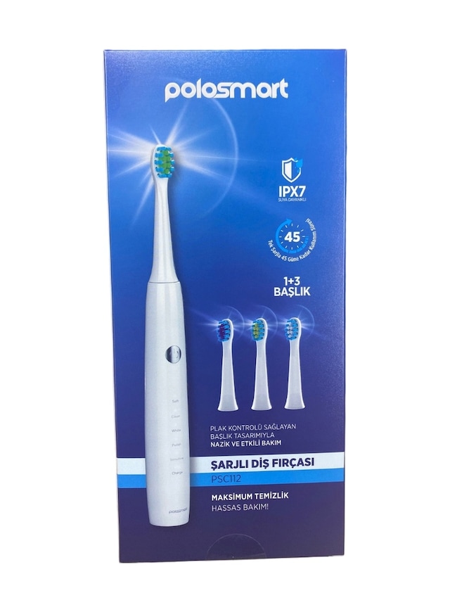 Polosmart Psc112 Şarjlı Diş Fırçası Ipx7 Su Geçirmez 1+3 Başlık 45 Gün Pil Ömrü Beyaz Sonic Elektrik