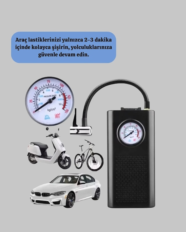 Yeni Nesil Elektrikli Kompresör 20 Cm Hortumlu Motosiklet Oto Bisiklet