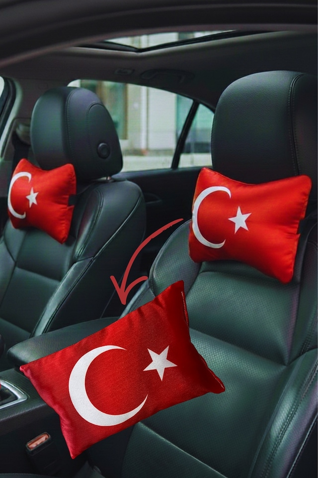 Türk Bayraklı Dijital Baskılı Kırmızı Saten Araç Seyahat Boyun Yastığı 2’li Set