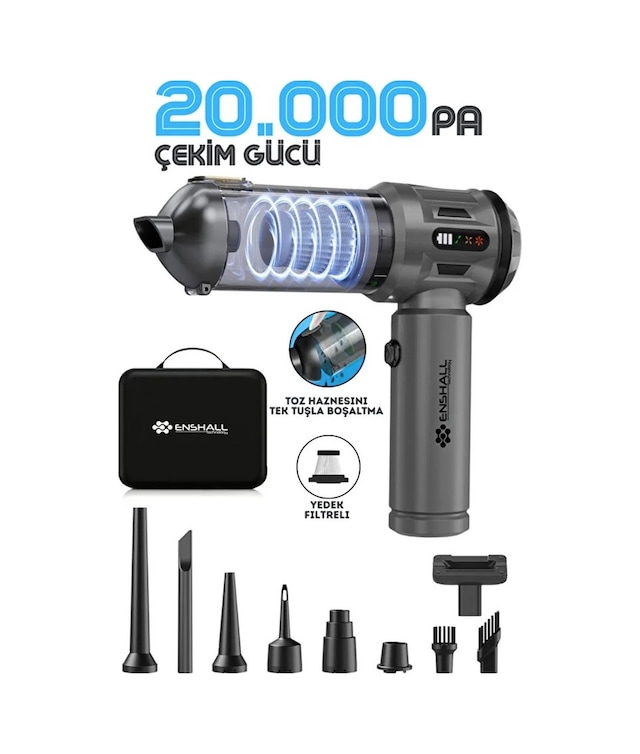 Enshall Ultra Güçlü Göstergeli 20.000PA Çantalı Araç İçi Şarjlı Süpürge
