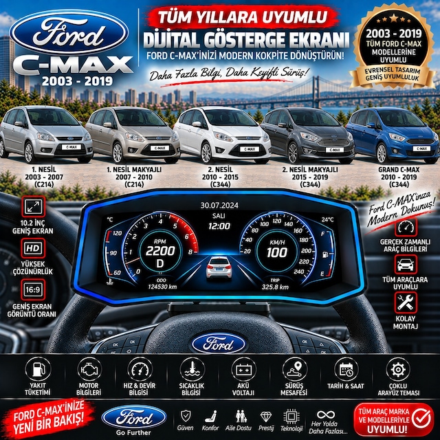 Ford C-max 2003-2019 Model Uyumlu Harici Digital Gösterge Odb Ekran Arıza Göstergesi Turbo Gösterge Hayalet Ekran