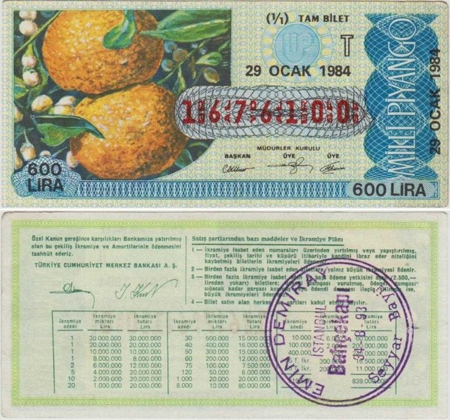 Milli Piyango 29 Ocak 1984 Tam Bilet. Portakal Temalı. 600 Lira T Serisi. Teşhir Ürün