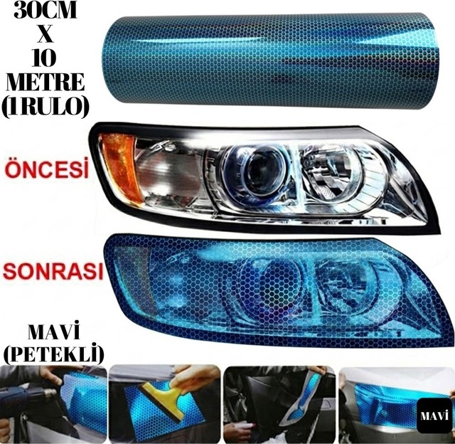 Petekli Mavi Far Stop Filmi Folyosu Çizik Engelleyici Folyo 3d Petek Desenli Hologramlı 30 Cm X 10 Metre