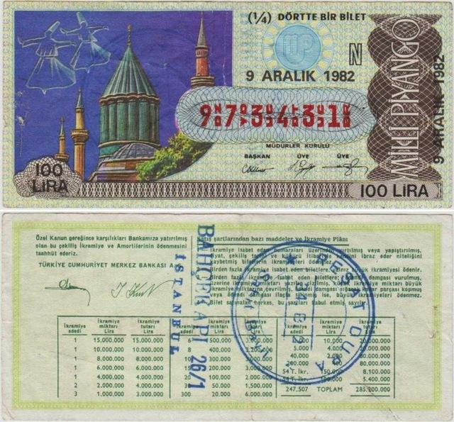 Milli Piyango 9 Aralık 1982 Çeyrek 1/4 Bilet. Konya - Mevlana Temalı. 100 Lira E Serisi. Teşhir Ürün