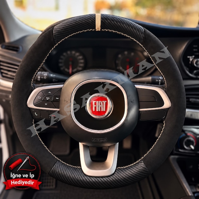 Fiat Pratico Dikme Direksiyon Kılıfı Alcantara Süet Mat Karbon Bej Yüzük Ve Dikiş 2015-2022