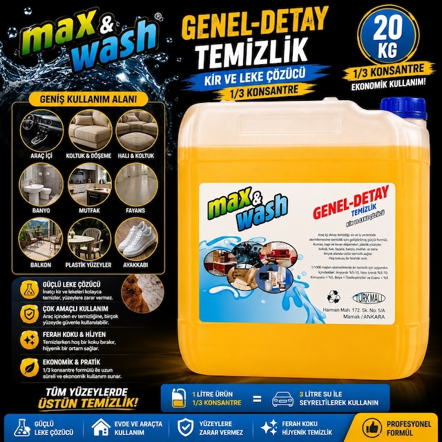 20 Kg Genel Detay Temizleyici 1/3 Konsantre Çok Amaçlı Araç İçi Ve Dışı Temizleyici Profesyonel Oto Kuaför Ürünü
