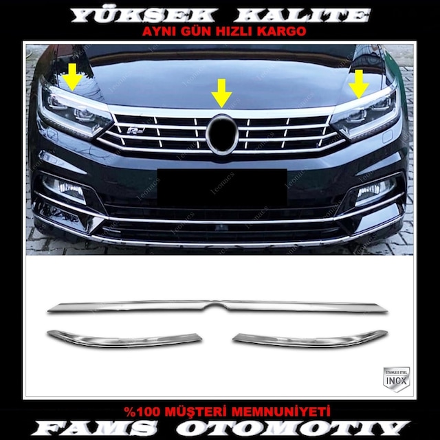 Vw Passat B8 Krom Kaput Üstü Çıta Far Kaşı 3 Prç 2014-2019 Arası
