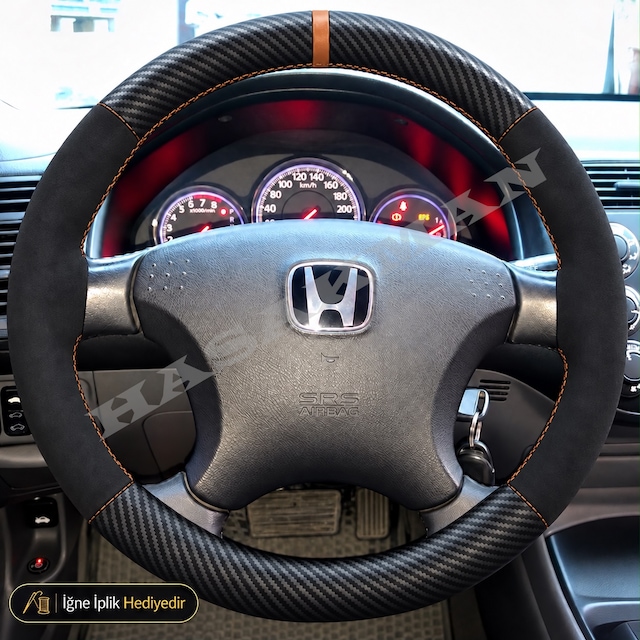 Honda Civic Dikme Direksiyon Kılıfı Alcantara Süet Mat Karbon Taba Yüzük Ve Dikiş Ls-es-eu8-es7 2001-2003
