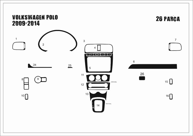 Volkswagen Polo Uyumlu Torpido Kaplama 2009-2013 14 Parça Piano Black