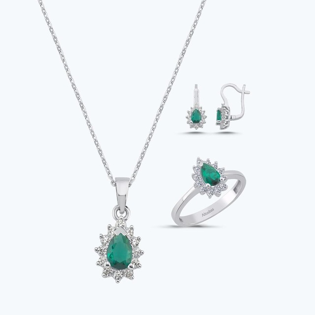 Altınbaş Yeşil Taşlı Altın Üçlü Damla Set Autk0017-b-24627-y-set