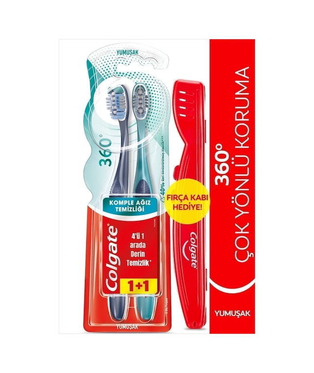 Colgate 360 Komple Ağız Temizliği Çok Yönlü Koruma Yumuşak Diş Fırçası 1+1 Fırça Kabı Hediye