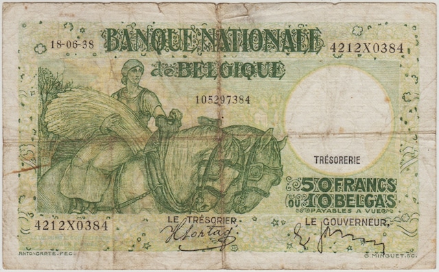 Belçika 50 Frank-10 Belgas 1938 Temiz.