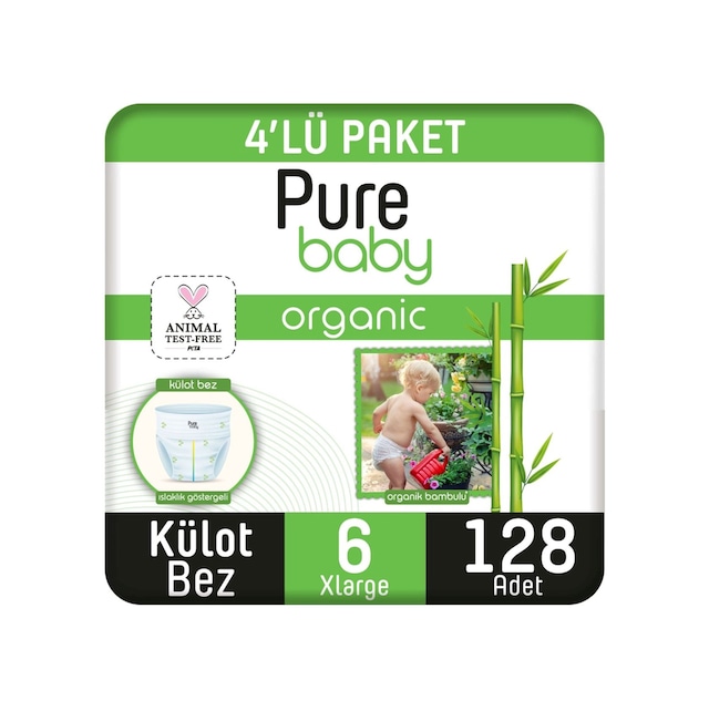 Pure Baby Organik Bambu Özlü Külot Bez 4'lü Paket 6 Numara Xlarge 128 Adet 4'lü