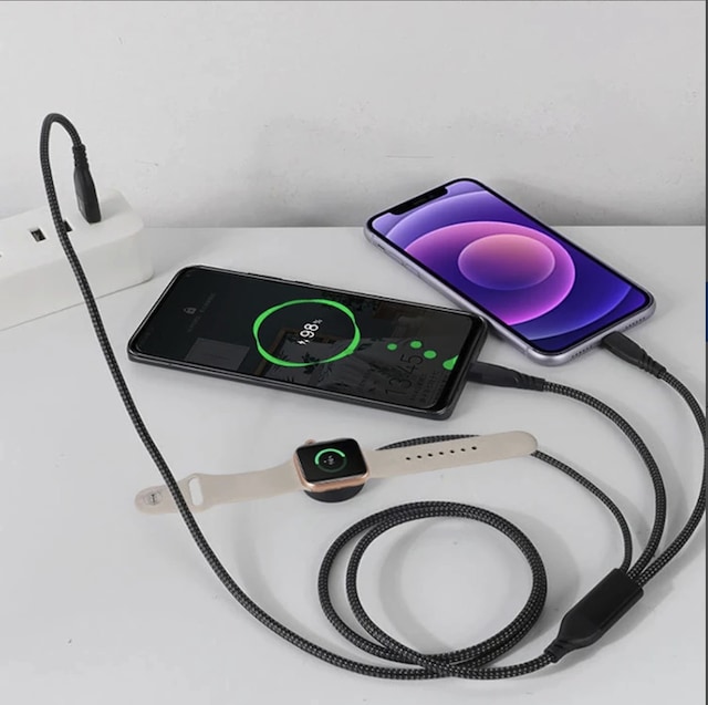 3 İn1 Apple Watch +type-c Lightning 3 Lü 100w A Kadar Hızlı Şarj Kablosu Aynı Anda 3 Cihaz