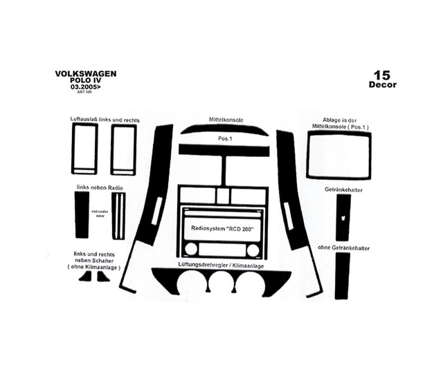 Volkswagen Polo Uyumlu Torpido Kaplama 2005-2009 15 Parça Piano Black