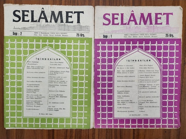 1947 Tarihli Selamet Dergisi 2 Adet. Dini Dergi Orijinal Dönemine Ait. 1. Ve 2.sayı
