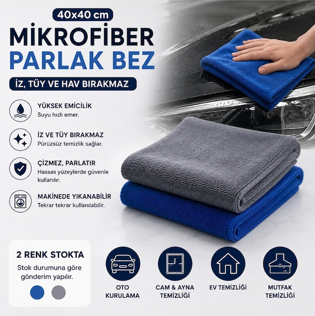 Muggio 40x40 Mikrofiber Parlak Bez Oto Kurulama Temizlik Bezi İz Tüy Hav Bırakmaz 1 Adet