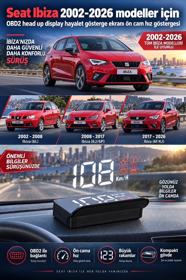 Seat Ibiza 2002-2026 Modeller İçin Obd2 Head Up Display Hayalet Gösterge Ekranı Ön Cam Hız Göstergesi