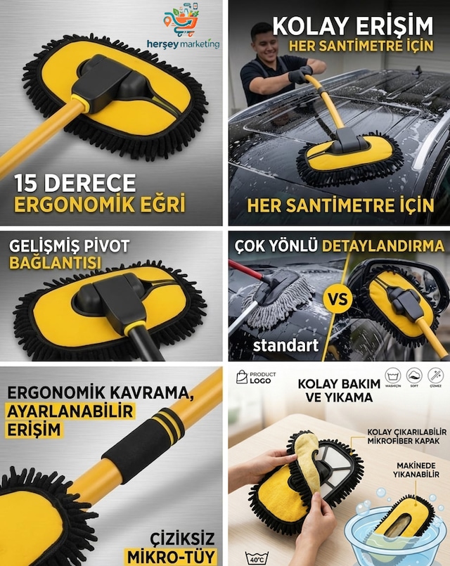 Teleskopik Saplı Mikrofiber Araç Yıkama Fırçası 180 Derece Eğilen Başlık Başlıklı Çizmez Oto Yıkama Mop Yumuşak Çizmez Araç Havlusu Yıkama Mopu 0