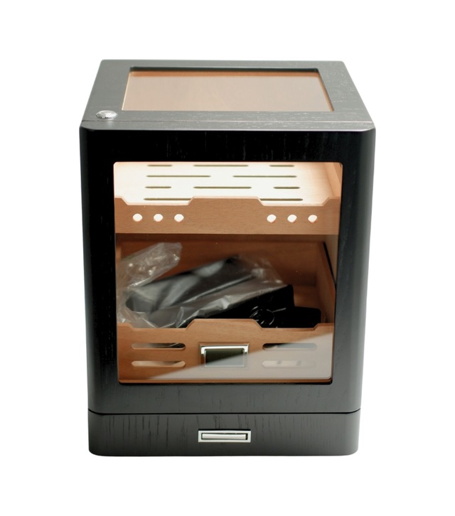 Premiumquality Sucre Aksesuar Çekmeceli İçi Ledli Siyah Sedir Humidor Puro Kutusu - Tr9650