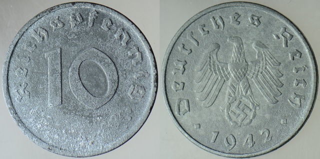 Almanya 10 Pfennig 1942 İkinci Dünya Savaşı Nazi Dönemi. Gamalı Haç. Çinko.