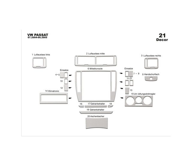 Volkswagen Passat Uyumlu Torpido Kaplama 2004-2005 21 Parça Alüminyum