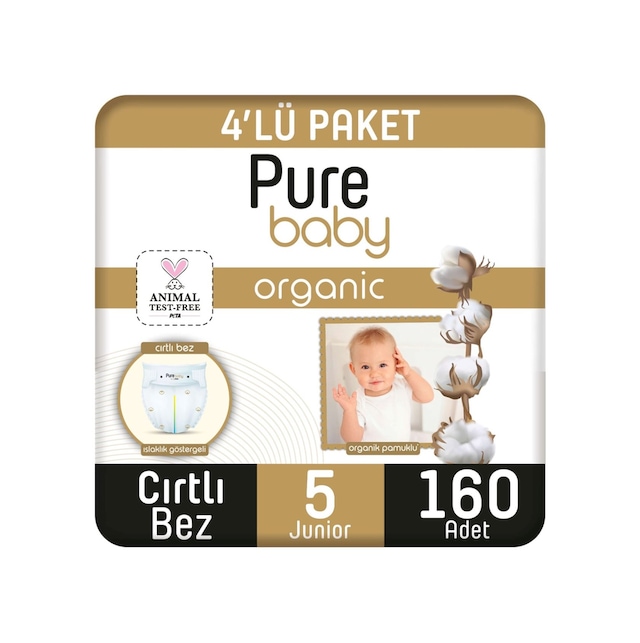 Pure Baby Organik Pamuklu Cırtlı Bez 4'lü Paket 5 Numara Junior 160 Adet 4'lü