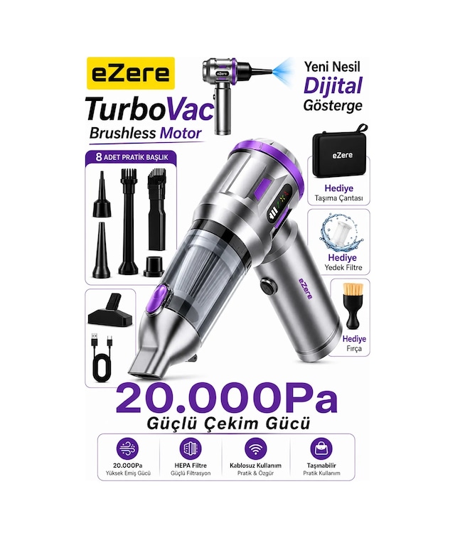Ezere Turbovac 20000pa Güçlü Dijital Göstergeli Vakumlu Kablosuz Üflemeli Mini Araç Süpürgesi