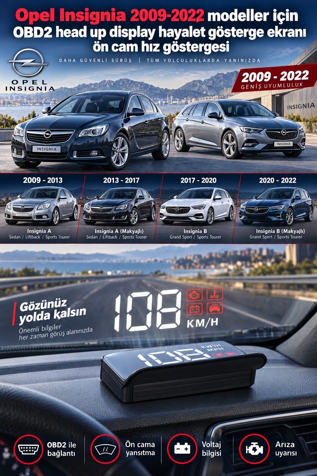 Opel Insignia 2009-2022 Modeller İçin Obd2 Head Up Display Hayalet Gösterge Ekranı Ön Cam Hız Göstergesi