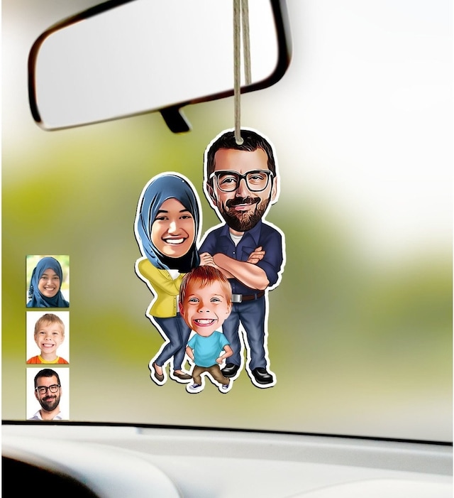 Kişiye Özel Aile Karikatürlü Ahşap Araba Dikiz Ayna Süsü-1