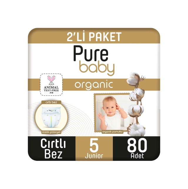 Pure Baby Organik Pamuklu Cırtlı Bez 5 Numara Junior 80 Adet 2'li Paket 2'li