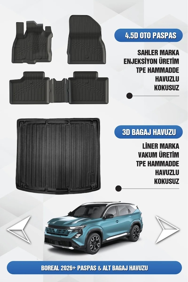 Sahler Renault Boreal 2026 Sonrası Uyumlu 4.5d Premium Havuzlu Paspas Ve Liner Alt Bagaj - 1.3 Tce