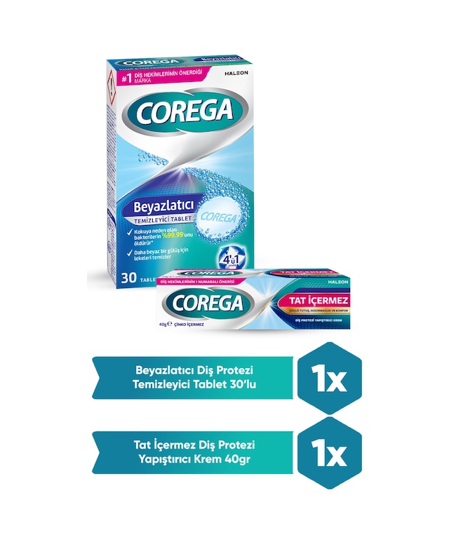 Corega Protez Beyazlatıcı Tablet 30'lu + Tat İçermez Protez Yapıştırıcı Krem 40 G