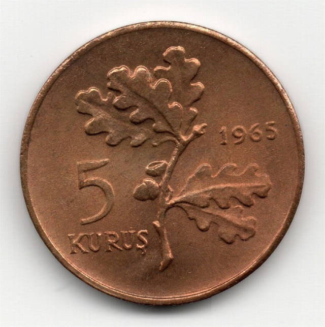 5 Kuruş 1965 Çil Eski Madeni Para