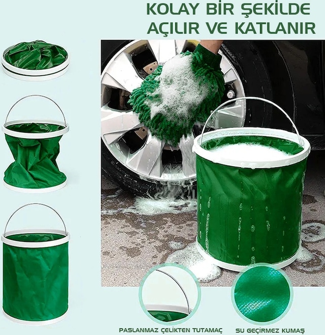 Protackle Katlanabilir Araç Yıkama Kovası 9 Lt Haki
