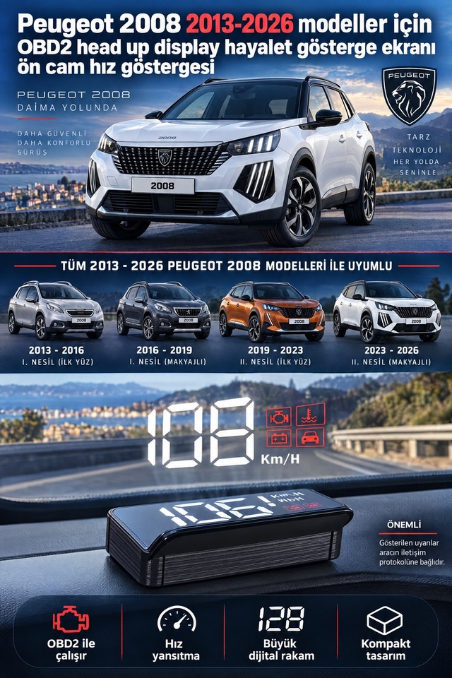 Peugeot 2008 2013-2026 Modeller İçin Obd2 Head Up Display Hayalet Gösterge Ekranı Ön Cam Hız Göstergesi