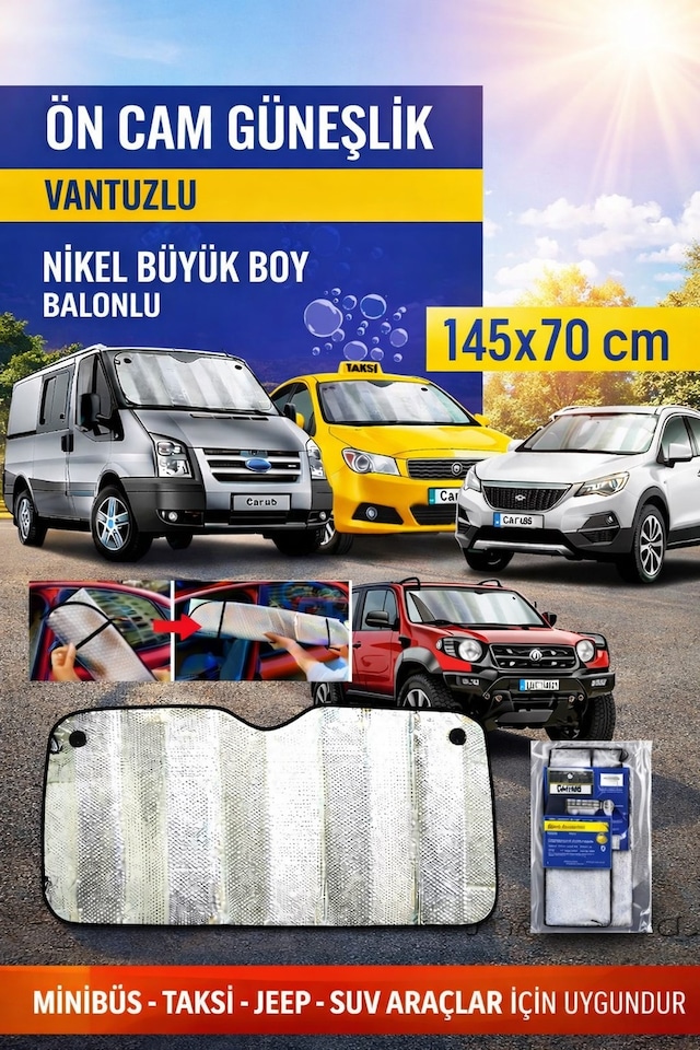 Oto Ön Cam Güneşlik Vantuzlu 145x70 Cm Nikel Büyük Boy Minibüs Taksi Suv Jeep Araç Güneşliği