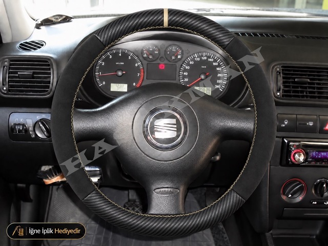 Seat Leon Mk1-1m Dikme Direksiyon Kılıfı Alcantara Süet Mat Karbon Bej Yüzük Ve Dikiş Sport-top Sport-fr-cupra 1999-2006
