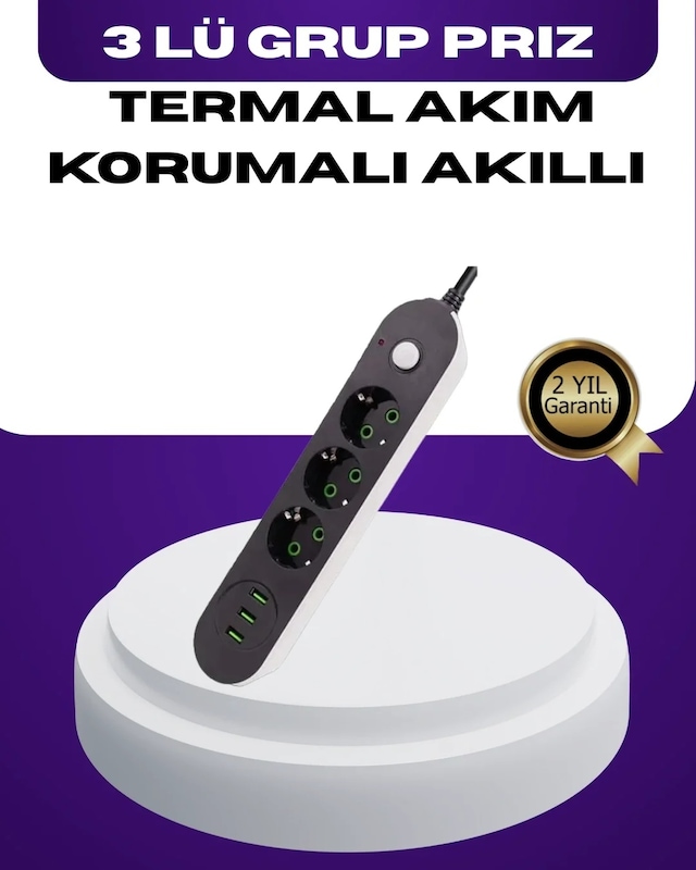 Ers Usb Yuvalı Anahtarlı Üçlü Priz 2 Metre Kablolu
