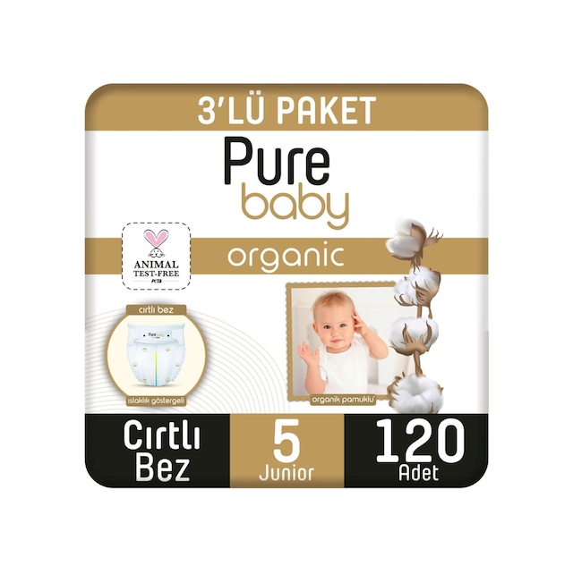 Pure Baby Organik Pamuklu Cırtlı Bez 3'lü Paket 5 Numara Junior 120 Adet 3'lü
