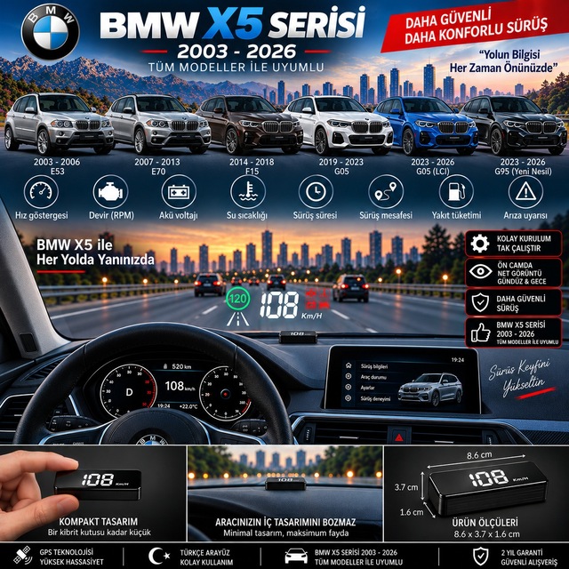 Bmw X5 Serisi 2003-2026 Modeller İçin Head Up Display Hayalet Gösterge Ekranı Ön Cam Hız Göstergesi