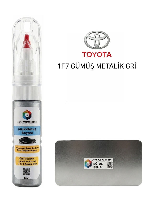 Toyota 1f7 Gümüş Metalik Gri İğneli Ve Fırçalı 2 Si 1 Arada Özel Tasarım Şişe Rötuş Boyası Ve Profesyonel Rötuş Çeliği Seti