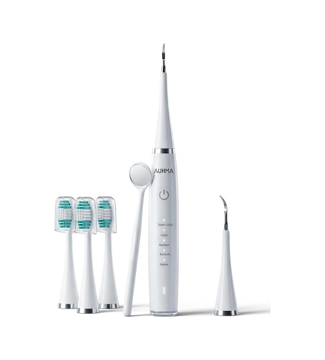 Auhma Amf14 Şarjlı Ultrasonik Diş Temizleme Cihazı Ve Elektrikli Diş Fırçası Seti 5 Çalışma Modu, Ipx8 Su Geçirmez, Tartar Temizleyici Scaler Başlık, 3 Yedek Fırça Ve Ağız Aynalı, Beyaz