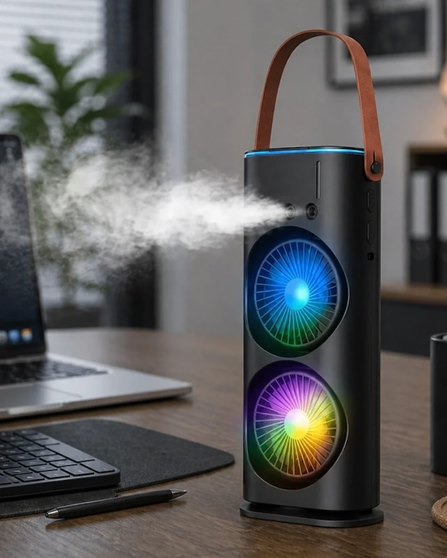 Ers Çift Başlıklı Taşınabilir Fan Rgb Işıklı Sprey Nemlendiricili Masaüstü Serinletici Fan