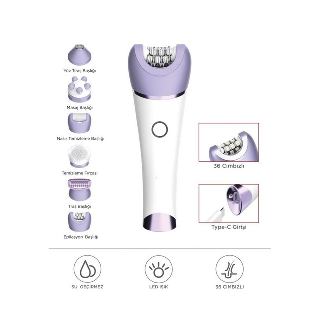 Tep-02 Beyaz 6 Başlıklı Yüz+koltuk Altı+bikini Bölgesi+bacak Islak Ve Kuru Kablosuz Epilatö Beyaz