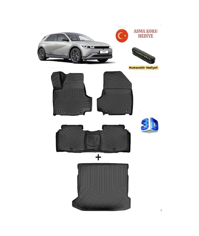 Hyundai İoniq 5 Elektrikli 2021 Sonrası Sabit Konsol Uyumlu 3d Havuzlu Paspas Ve 3d Bagaj Havuzu Seti Asma Koku Ve Numaratör Hediyeli