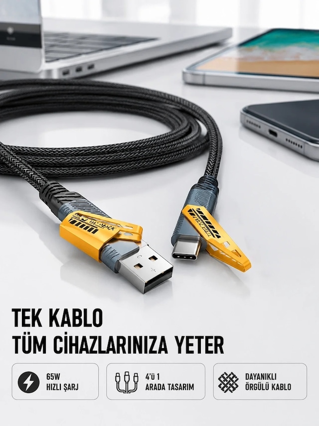 Ers Örgülü Tasarım 4 Ü 1 Arada Usb-c Lightning Hızlı Şarj Kablosu