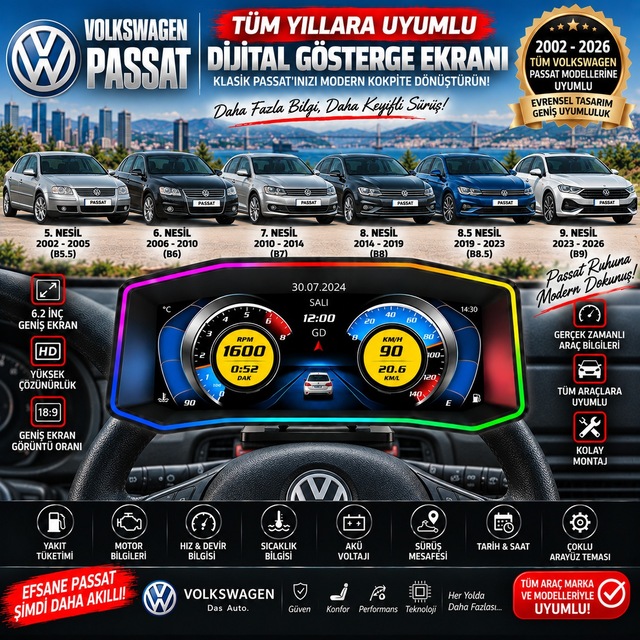 Volkswagen Passat 2002-2026 Model Uyumlu Harici Digital Gösterge Odb Ekran Arıza Göstergesi Turbo Gösterge Hayalet Ekran