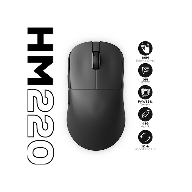 Hawk Gaming Hm220 1k Hz 12000 Dpı Tri-mode Kablosuz/bluetooth Siyah Gaming Mouse Gaming
