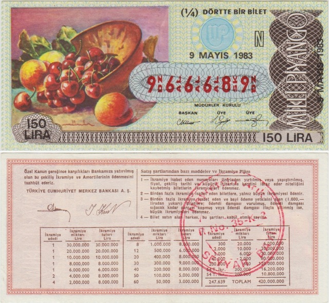 Eski Milli Piyango 1/4 Çeyrek Bilet 9 Mayıs 1983 Meyveler. Teşhir Ürün